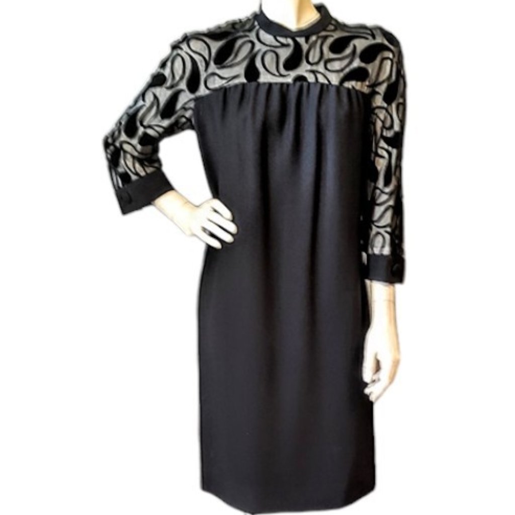 1960s Vintage Black Cocktail Dress With Sheer Top & Black Paisley Designs Lbd